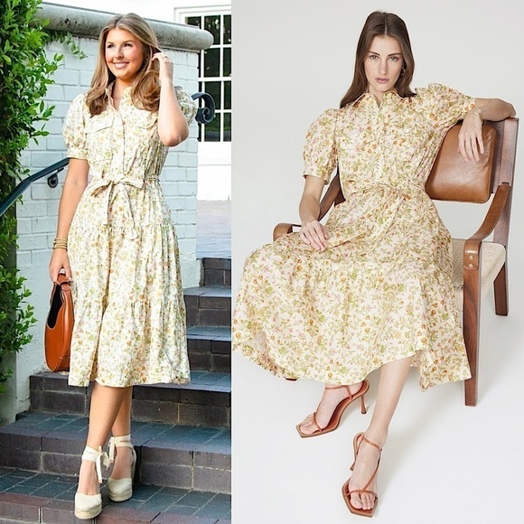 DEREK LAM Floral Puff Short Sleeve Tie Waist Ruffle Tier Midi Shirt Dress 10 - Picture 1 of 8